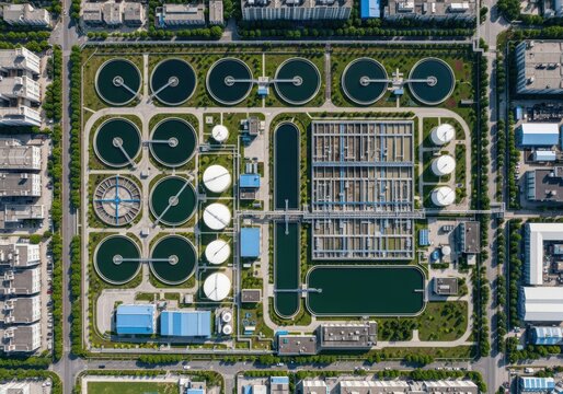 Aerial view shows a modern wastewater treatment plant with circular sedimentation tanks and filtration basins.