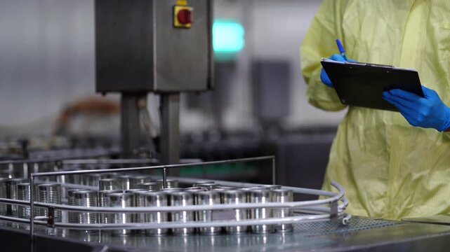 A quality assurance specialist in a yellow protective suit recording data while auditing an automated canning production line in a modern food manufacturing plant.