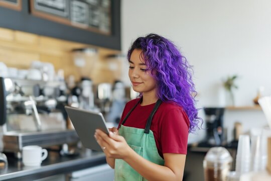 Young woman reading tablet at coffee shop counter