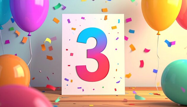 Birthday  or anniversary card with number 3. Cartoon illustration with bright colors and balloons