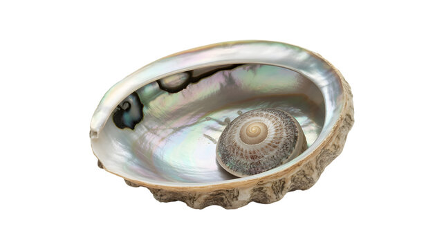 Beautiful iridescent abalone shell featuring a spiral patterned center piece displaying natural textures and vibrant shimmering colors captured in high resolution isolated on transparent background