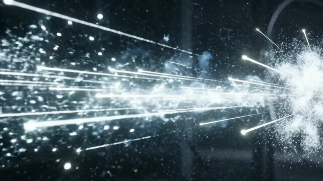 Luminous particle emission, rapidly propagating bright energetic radiation, dispersing glowing quantum flux, decaying subatomic stream, electromagnetic wave scattering, dynamic energy discharge.