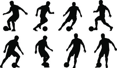 Collection of soccer player silhouettes performing dribbling and ball control actions, football athlete vector set isolated on white background © Mukti