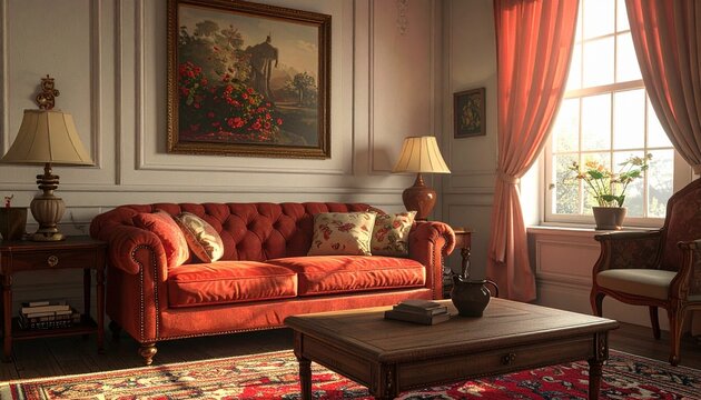 Elegant Vintage Living Room with Red Chesterfield Sofa and Sunlit Window