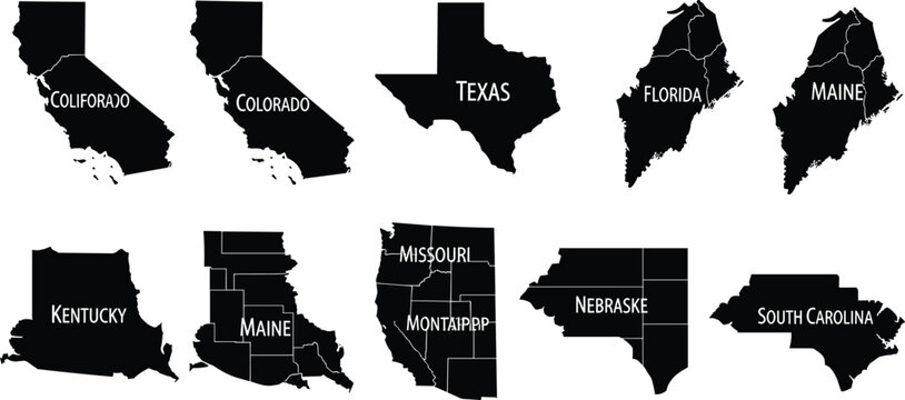 Collection of USA state map silhouettes including Texas, Florida and California, geographic vector illustration set isolated on white background