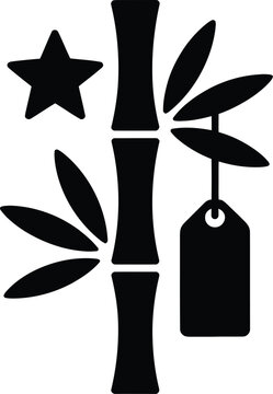 Japa nese Tana bata Sta r Fes tival Vect or Si lhoue tte of a Bamb oo B ranch with Decor ative Leave s a Five Poi nted Star and a Han ging Tanz aku Wish Pap er Ta g