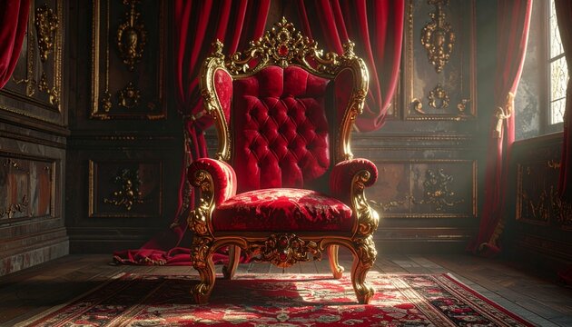 Luxurious ornate gold and red velvet royal throne chair