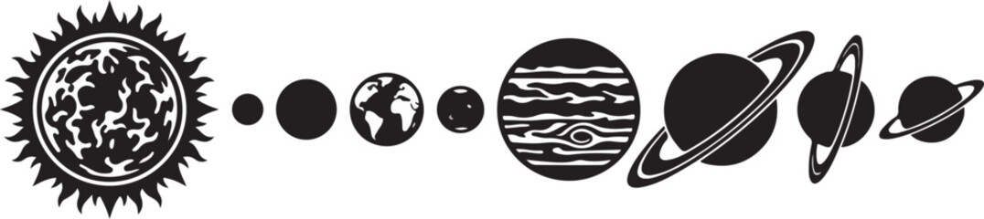 Minimalist solar system alignment silhouette featuring sun and planets in a row © Jaber