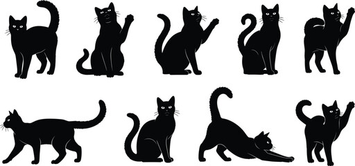 Black cat silhouettes collection, playful feline poses vector set, domestic pet illustrations for Halloween, animal design, and creative branding projects © Mukti