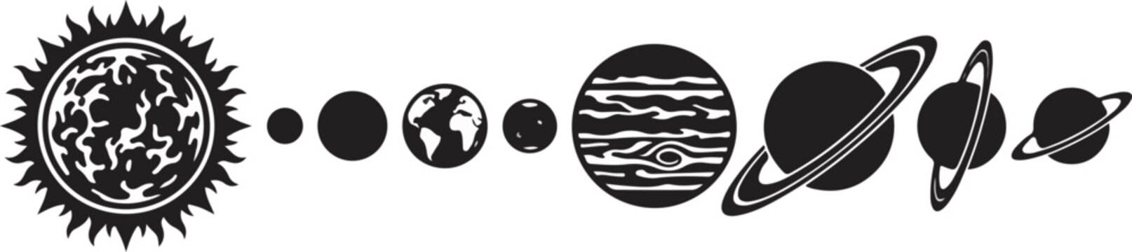 Minimalist solar system alignment silhouette featuring sun and planets in a row