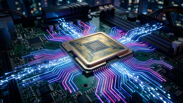 Glowing CPU Processor on Motherboard with Neon Blue and Purple Light Trails Technology and AI Computing Concept