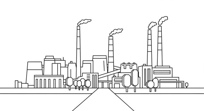 Industrial Factory with Smoke Stacks and Buildings.