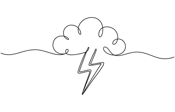 Continuous one line editable drawing of thundercloud and lightning, Single continuous line art rainy stormy cloud.
