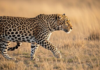 Naklejka premium Leopard walks gracefully through the dry golden grass of the savanna.