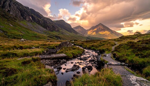Scenic Scottish Highlands landscape with river at sunset
