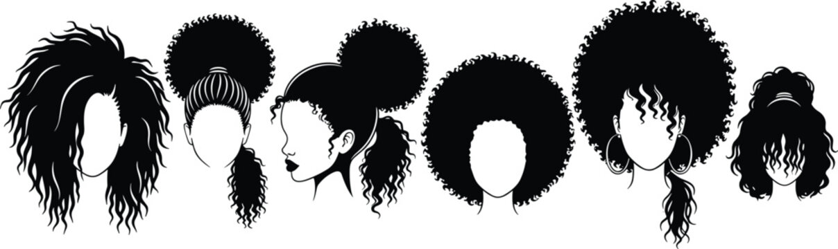 Black women afro hairstyle silhouette set featuring curly hair buns, ponytails, and natural textured styles vector illustration isolated on white