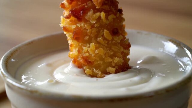 Chicken nugget being dipped in creamy sauce in a small bowl  