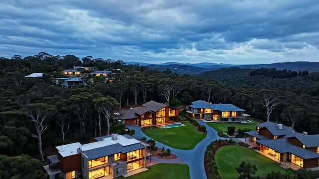 Luxurious hilltop homes nestled in a lush forest with winding driveways and stunning twilight skies