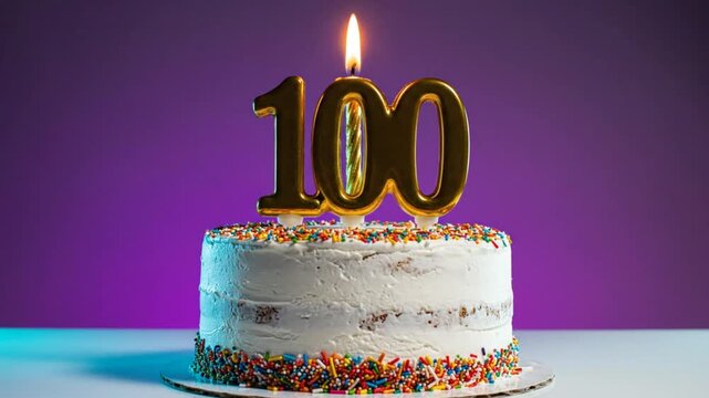 Celebrating a Century: Festive Birthday Cake with Lit Candle and Colorful Sprinkles on a Party-Ready Dessert Table