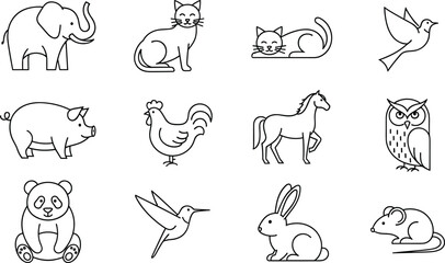 Fototapeta premium Collection of animal line drawings including elephant, cat, bird, pig, horse, owl, panda, rabbit, and mouse in minimalist vector style