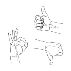 Minimalist line art of three hands showing thumbs up, thumbs down, and okay gesture vector illustration © kazi