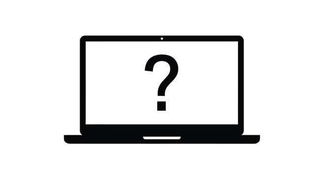 A simple black and white illustration depicts a laptop displaying a large question mark on its screen