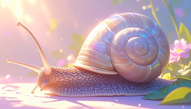 Magical iridescent snail in a sunlit garden