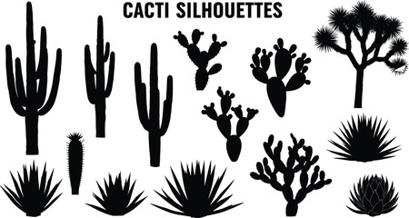 Collection of cactus and desert plant silhouettes including saguaro, prickly pear, agave, yucca, and Joshua tree in bold black design © Mukti