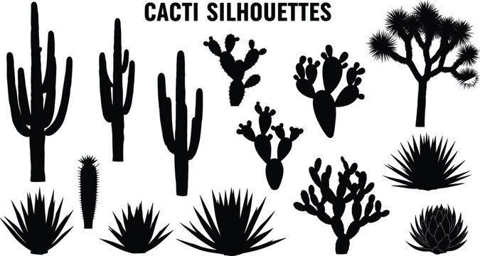 Collection of cactus and desert plant silhouettes including saguaro, prickly pear, agave, yucca, and Joshua tree in bold black design