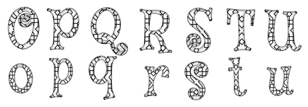 Arabesque or mashrabiya arabic o, p, q, r, s, t, u word Mystery design abc Alphabet letter text typography font