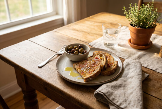 Pan Con Tomate With Olives And Water Rustic Table Scene