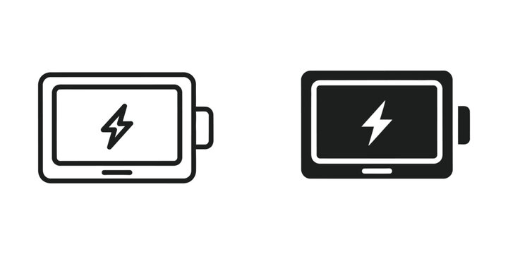 Illustration depicting tablet battery status with charging and fully charged icons