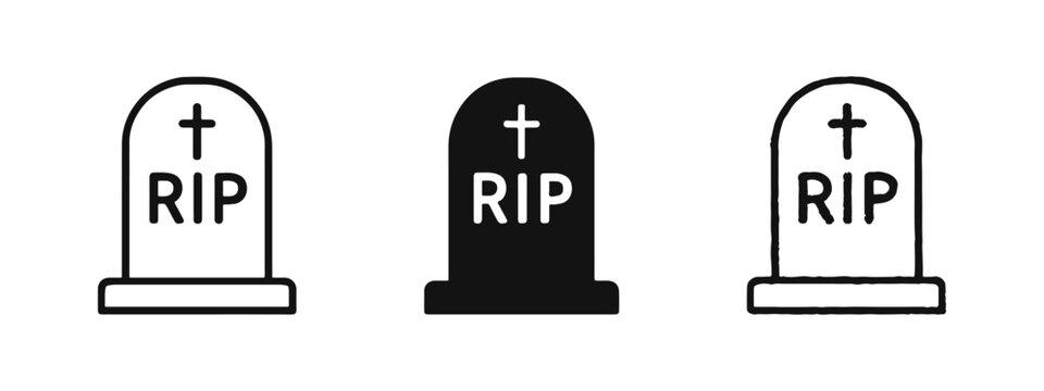 Christian Gravestone Icon Set, Tombstone with RIP and Cross Symbol for Cemetery