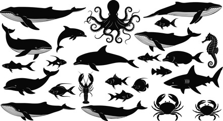 Collection of marine animal silhouettes including whales, dolphins, fish, shark, octopus, seahorse, lobster, and crabs in vector illustration design © Mukti