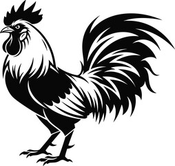 Proud Rooster Mascot Vector Illustration Featuring Bold Black and White Stylized Plumes for Farm Logo Branding Agricultural Signage and Design © MostAnzuara