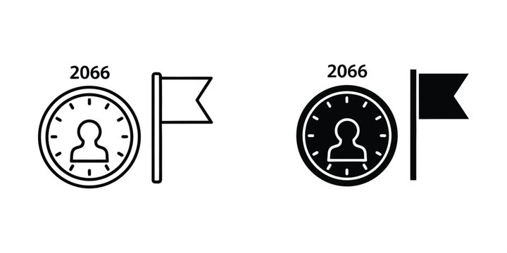 Contrast of clock icons with flags representing different statuses in the year 2066