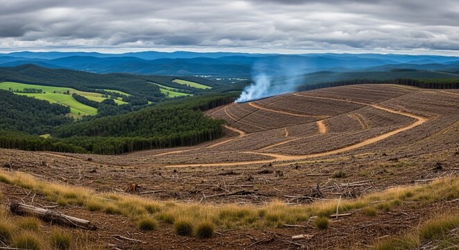 Deforestation landscape with clear-cut forest, smoke plume, and rolling green hills under cloudy sky.