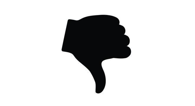 A stark silhouette depicts a hand giving a thumbs down gesture against a plain white background