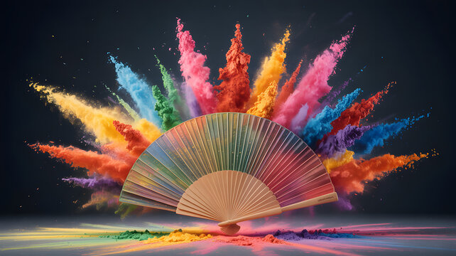 A colorful fan exploding with pigment powder during a vibrant celebration