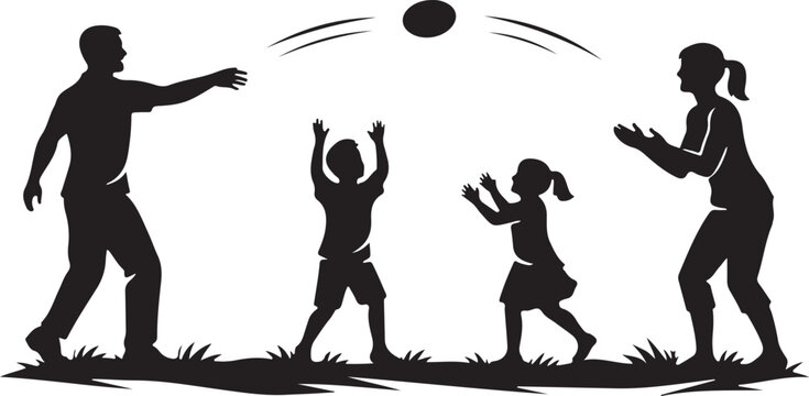 Clean black silhouette of family playing catch with bal