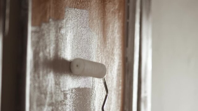 Close-up of Man Painting Old Wooden Door with Paint Roller, Home Renovation and Restoration Process, 4K 10-bit