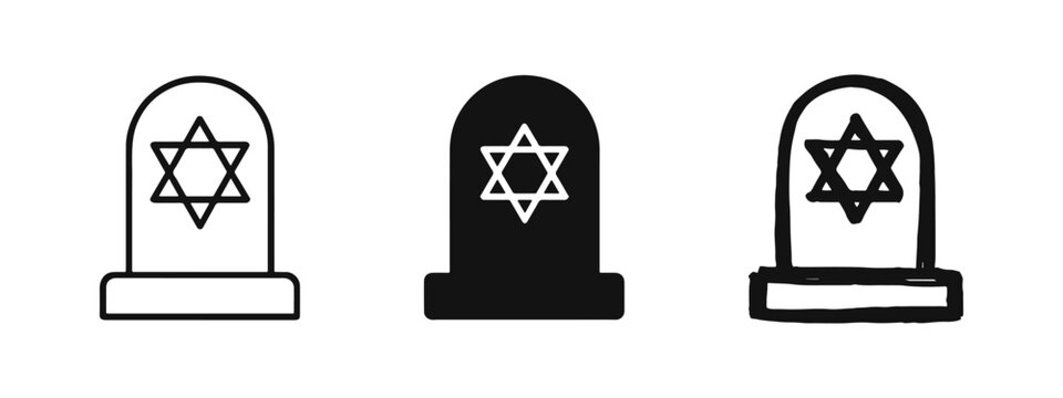 Jewish Gravestone Icon Set, Tombstone with Star of David and Judaism Cemetery Symbols
