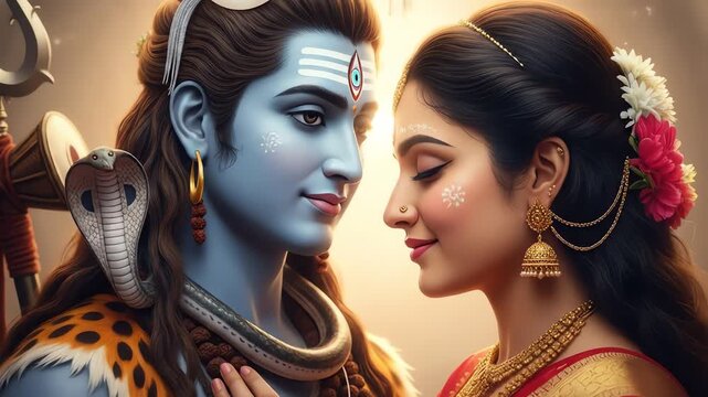 Lord Shiva and Goddess Parvati depicted in a tender embrace, showcasing divine love and spiritual connection.