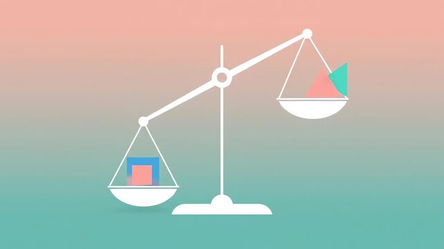 A balanced scale with geometric shapes representing different weights on each side.