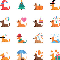 Fototapeta premium Collection of flat vector dog icons with holiday and seasonal themes