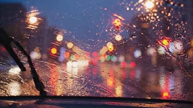 Rainy City Night Drive with Blurry Lights Reflected on a Wet Windshield with Wiper in Action