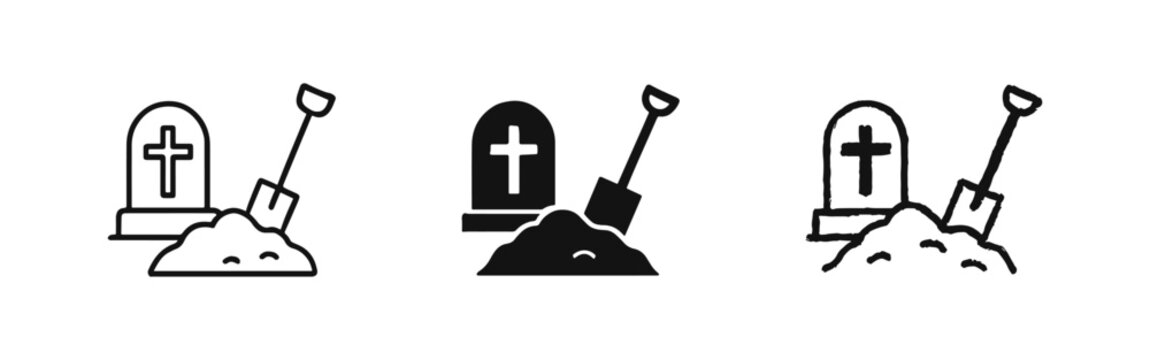 Grave Digging Icon Set with Tombstone and Shovel - Outline, Solid, and Hand-Drawn Symbols for Burial Services