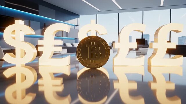 Bitcoin, dollar and pound currency symbols floating in liquid gold waves with slow motion ripples. Finance, crypto and economy with 3d rendering, cinematic lighting and macro close up shot