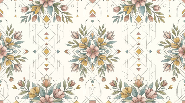 Bohemian floral pattern with soft pastel colors and geometric accents