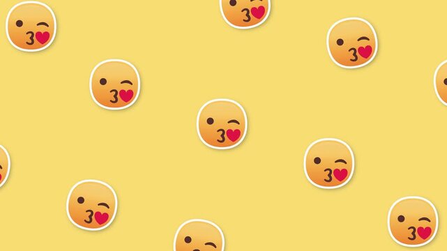 Seamless pattern of yellow emoji faces with hearts, expressing love and affection with a kissing gesture on a bright background, perfect for graphic design